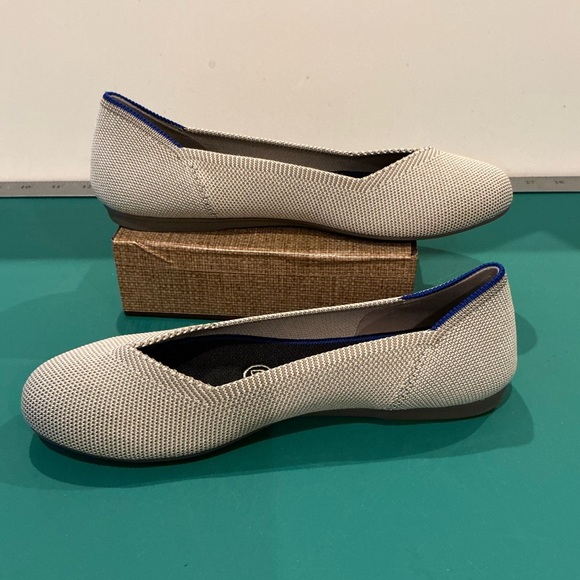 Rothy's The Flat Pointed Knit Ballet Flats in Cream with Blue Trim - Picture 2 of 6